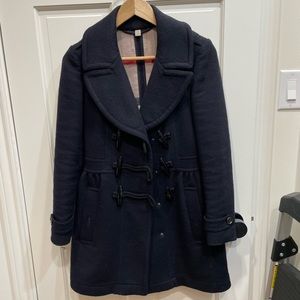 Navy wool Burberry coat with Burberry print lining inside